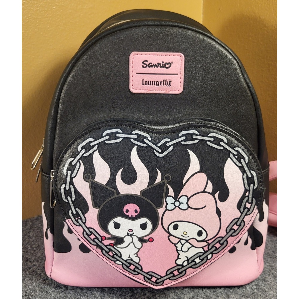 Loungefly My Melody & Kuromi Pink & Black Flame Heart Mini Backpack
